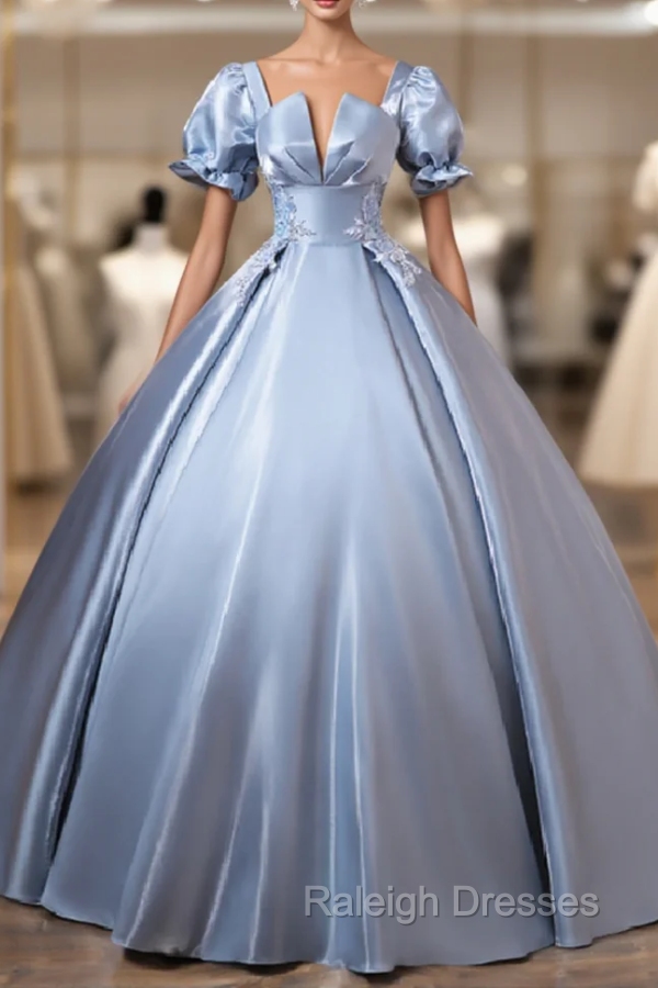 Blue Satin Square Puff Sleeve Appliques Quinceanera Dress Main image