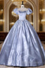 Blue Satin Square Puff Sleeve Beading Quinceanera Dress