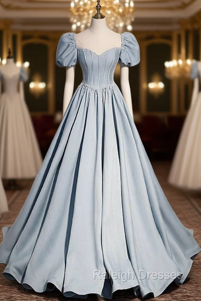 Blue Satin Square Puff Sleeve Pearls Prom Dress