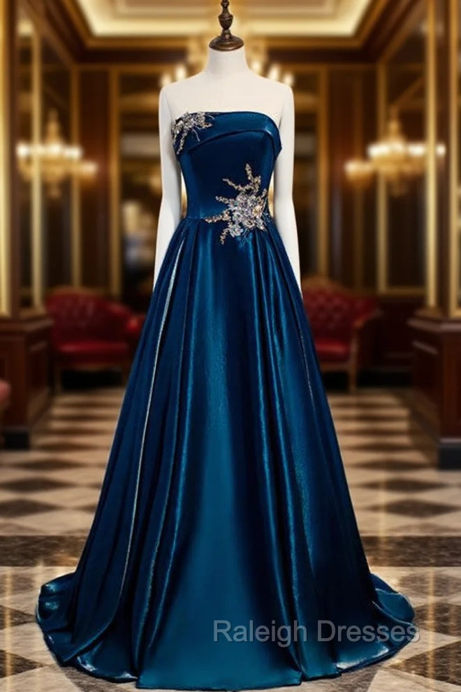 Blue Satin Strapless Beading Appliques Prom Dress Main image