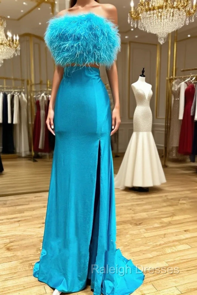 Blue Satin Strapless Feather Split Prom Dress Main image
