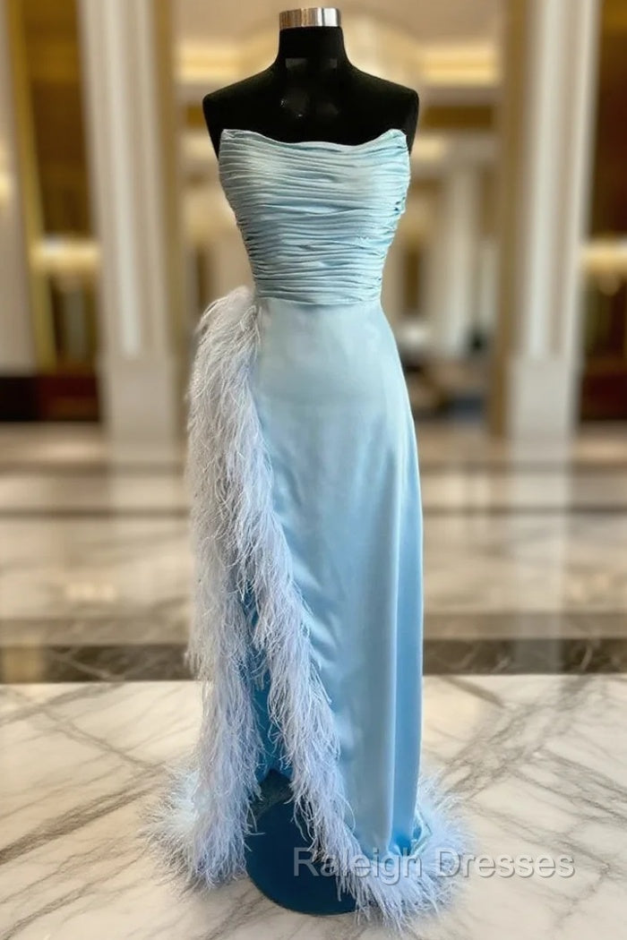 Blue Satin Strapless Pleats Feather Prom Dresses