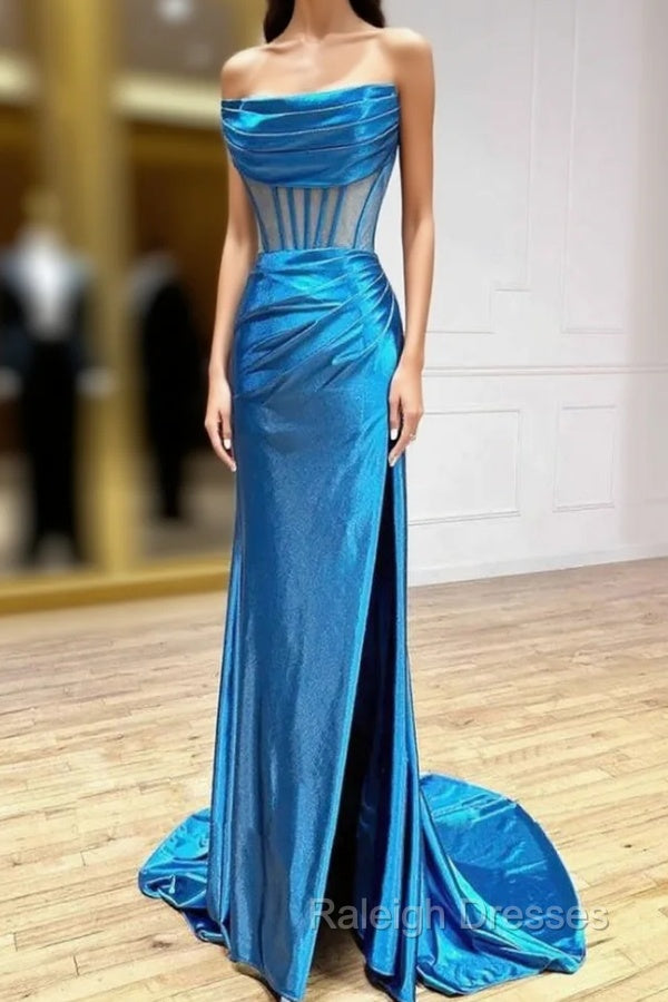 Blue Satin Strapless Pleats Split Prom Dress
