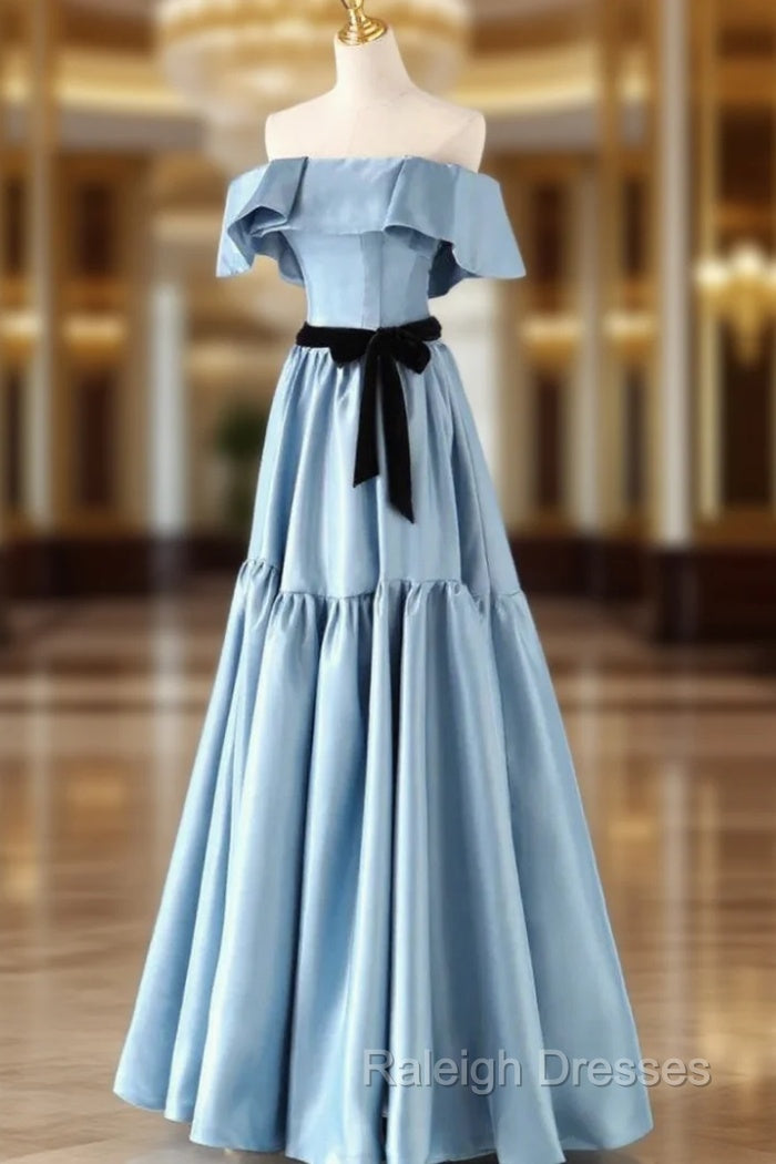 Blue Satin Strapless Prom Dress With Belt Main image