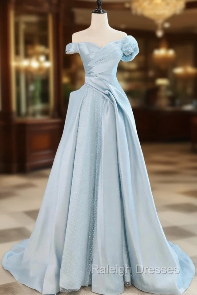 Blue Satin Tulle Off the Shoulder Prom Dress