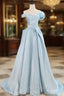 Blue Satin Tulle Off the Shoulder Prom Dress