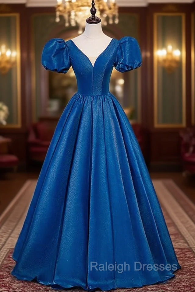 Blue Satin V-neck Puff Sleeve Backless Prom Dress Main image