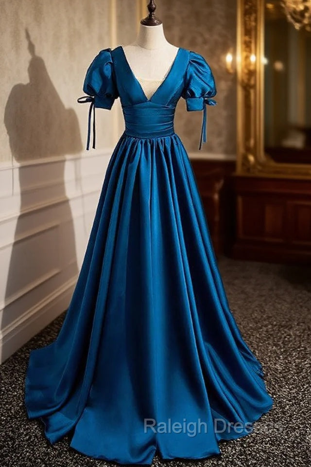 Blue Satin V-neck Short Sleeve Pleats Prom Dress Main image