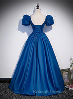 Blue Satin V-Neckline Short Sleeves Long Prom Dresses Blue Satin Prom Dresses