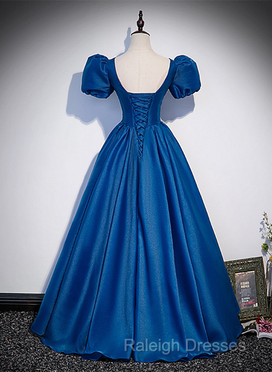 Blue Satin V-Neckline Short Sleeves Long Prom Dresses Blue Satin Prom Dresses