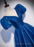 Blue Satin V-Neckline Short Sleeves Long Formal Dress, Blue Satin Prom Dress