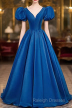 Blue Satin V-Neckline Short Sleeves Long Formal Dress, Blue Satin Prom Dress