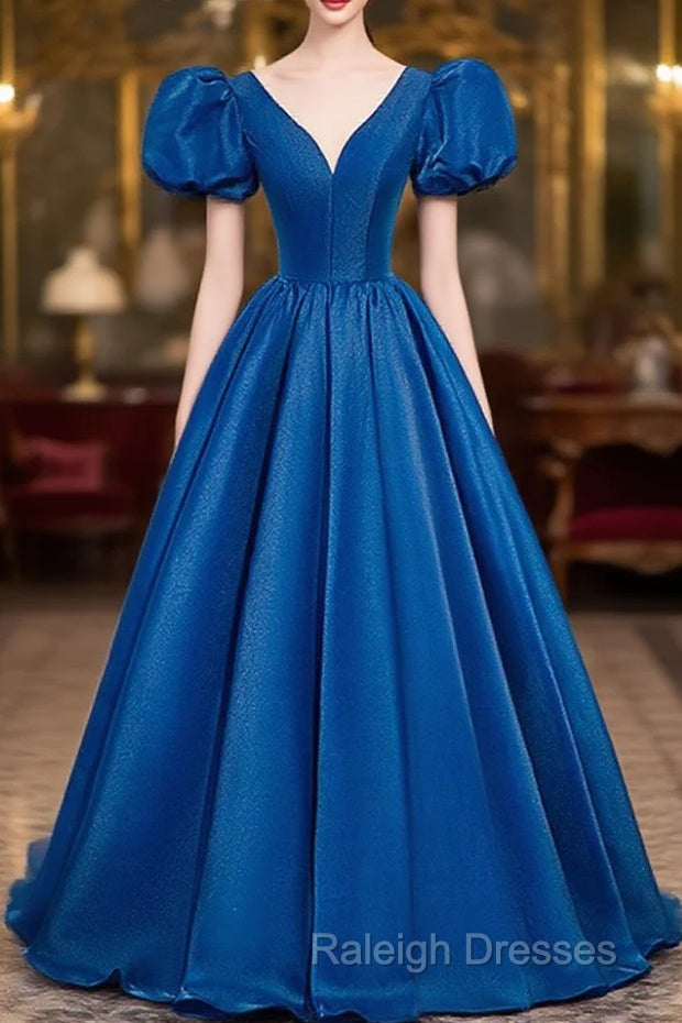 Blue Satin V-Neckline Short Sleeves Long Formal Dress, Blue Satin Prom Dress