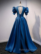 Blue Satin V Neckline Short Sleeves Prom Dress Blue A Line Prom Dress shops