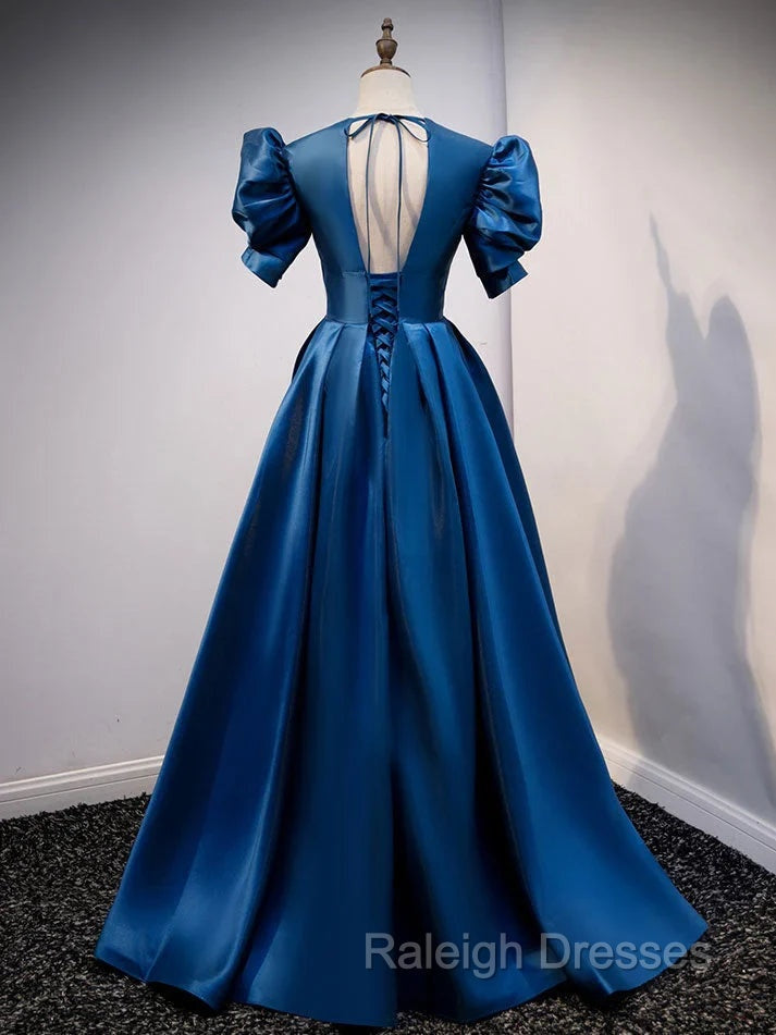 Blue Satin V Neckline Short Sleeves Prom Dress Blue A Line Prom Dress shops