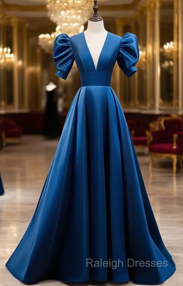 Blue Satin V Neckline Short Sleeves Prom Dress Blue A Line Prom Dress shops Main image