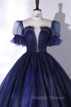 Blue Scoop Neckline Tulle Long Prom Dress, A Line Short Sleeve Prom Gowns