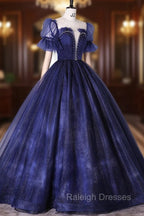 Blue Scoop Neckline Tulle Long Prom Dress, A Line Short Sleeve Prom Gowns