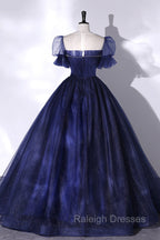 Blue Scoop Neckline Tulle Long Prom Dress, A Line Short Sleeve Prom Gowns
