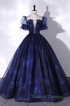 Blue Scoop Neckline Tulle Long Prom Dress, A-Line Short Sleeve Evening Gown