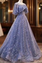 Blue Scoop Neckline Tulle Long Prom Dress, Shiny A-Line Formal Evening Dress