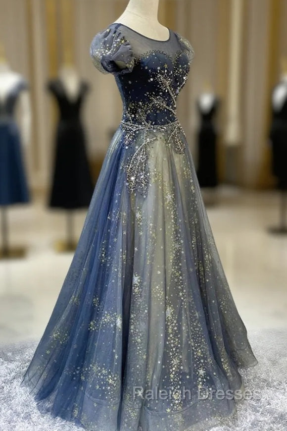 Blue Scoop Neckline Tulle Long Prom Dress with Beaded, A-Line Evening Party Dress