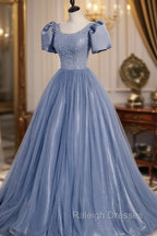 Blue Scoop Tulle Long Prom Dress, A-Line Short Sleeve Formal Dress
