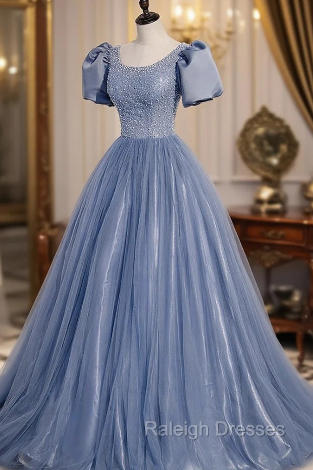 Blue Scoop Tulle Long Prom Dress, A-Line Short Sleeve Formal Dress