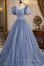 Blue Scoop Tulle Long Prom Dress, A-Line Short Sleeve Formal Dress