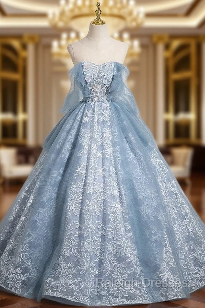 Blue See Through Neck Tulle Lace Quinceanera Dress Main image