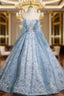 Blue See Through Neck Tulle Lace Quinceanera Dress