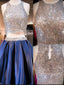 Blue sequin two pieces sparkly off shoulder sexy homecoming Formal Prom Dress