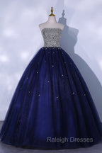Blue Sequins and Beaded Ball Gowns Tulle Lace-up Formal Dress,Blue Prom Dress