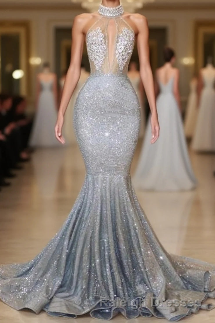 Blue Sequins Backless Long Mermaid Crystal Beaded Prom Dress Main image