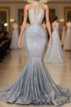 Blue Sequins Backless Long Mermaid Crystal Beaded Prom Dress
