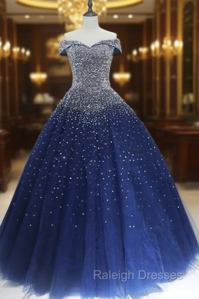 Blue Sequins Ball Gown Off Shoulder Party Dress Blue Sweet 16 Gown prom dresses shops Main image