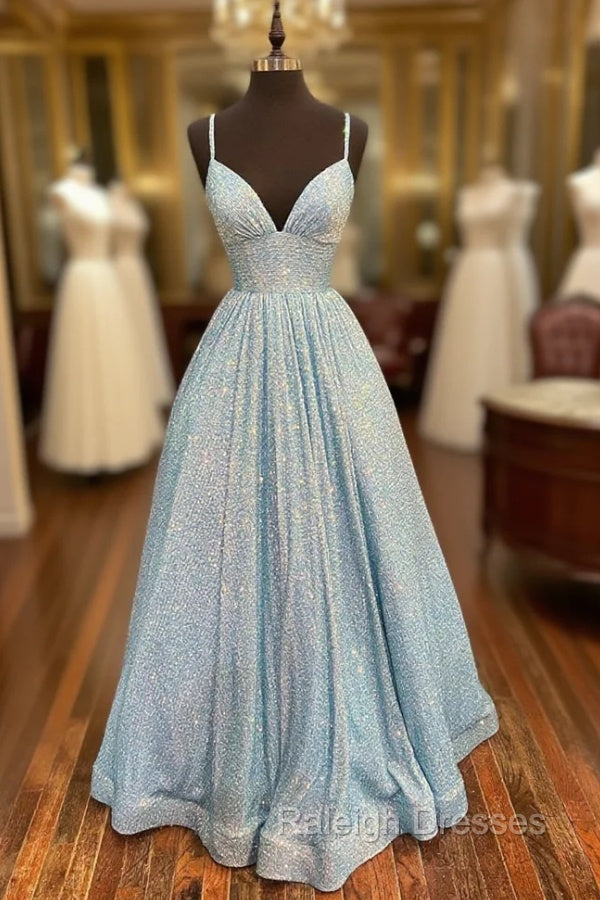 Blue Sequins Long A Line Prom Dress, V Neck Shiny Prom Prom Dress Main image