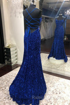 Blue Sequins Prom Dresses Long Mermaid Prom Dresses
