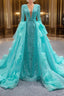 Blue Sequins Long Sleeve Pearls Prom Dress With Detachable Train