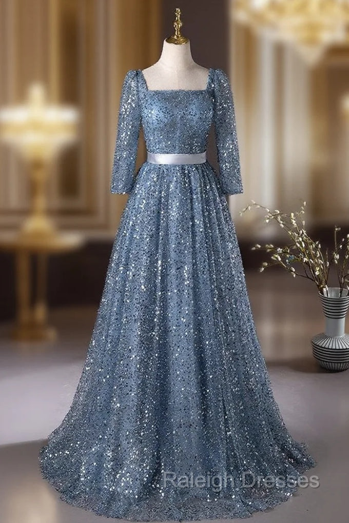 Blue Sequins Long Sleeve Square Prom Dress