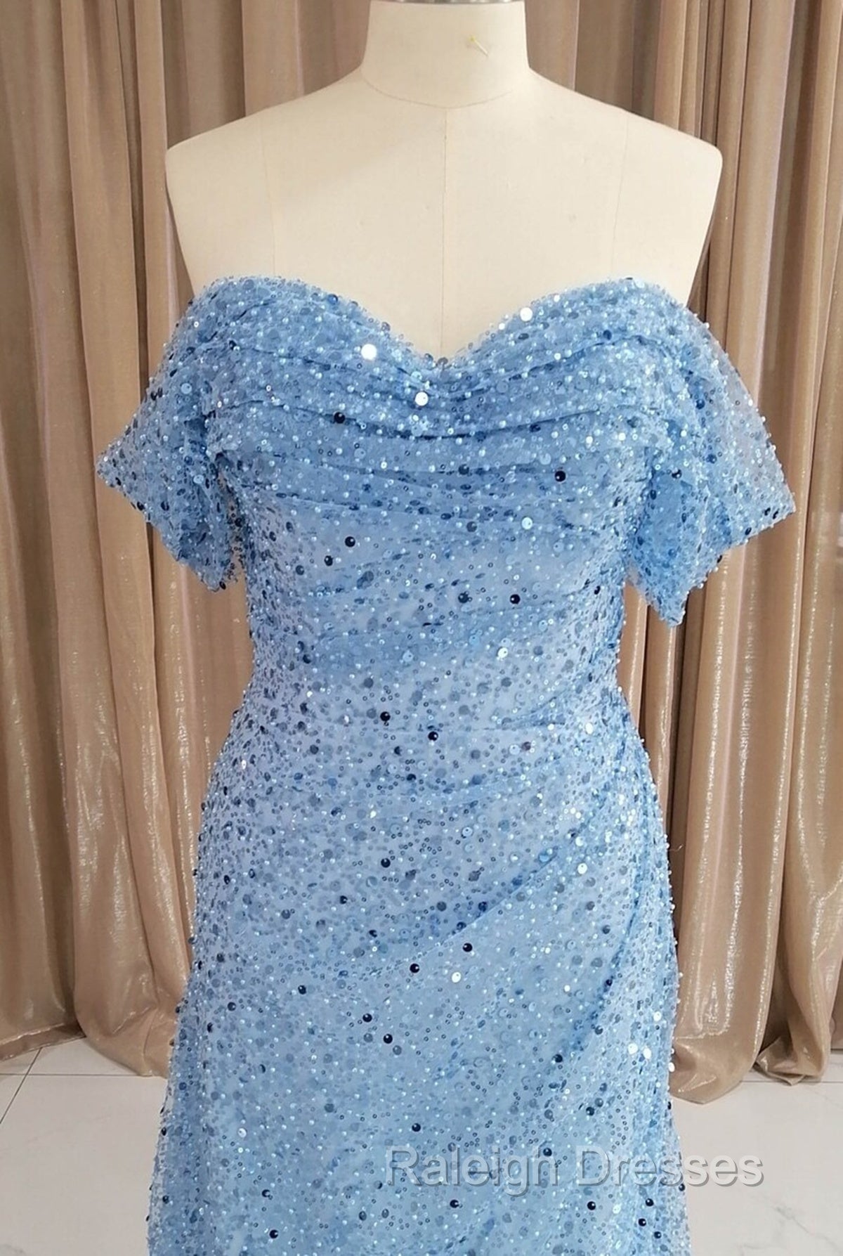 Blue Sequins Off Shoulder Sweep Train Party Dress, Blue Sweetheart Long Formal Dress Secondary image