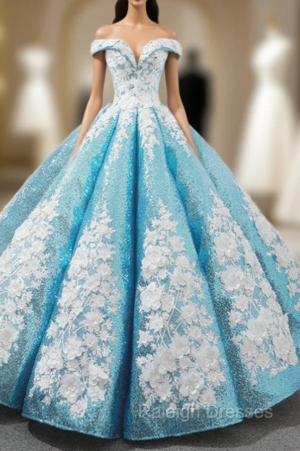 Blue Sequins Off The Shoulder Floor Length Appliques Wedding Dress