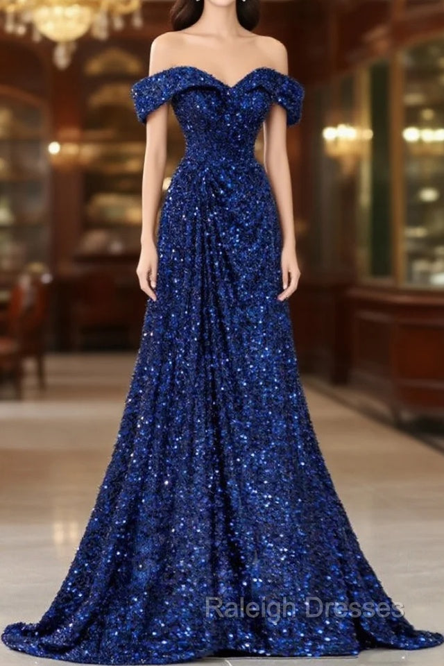 Blue Sequins Off the Shoulder Prom Dress Main image
