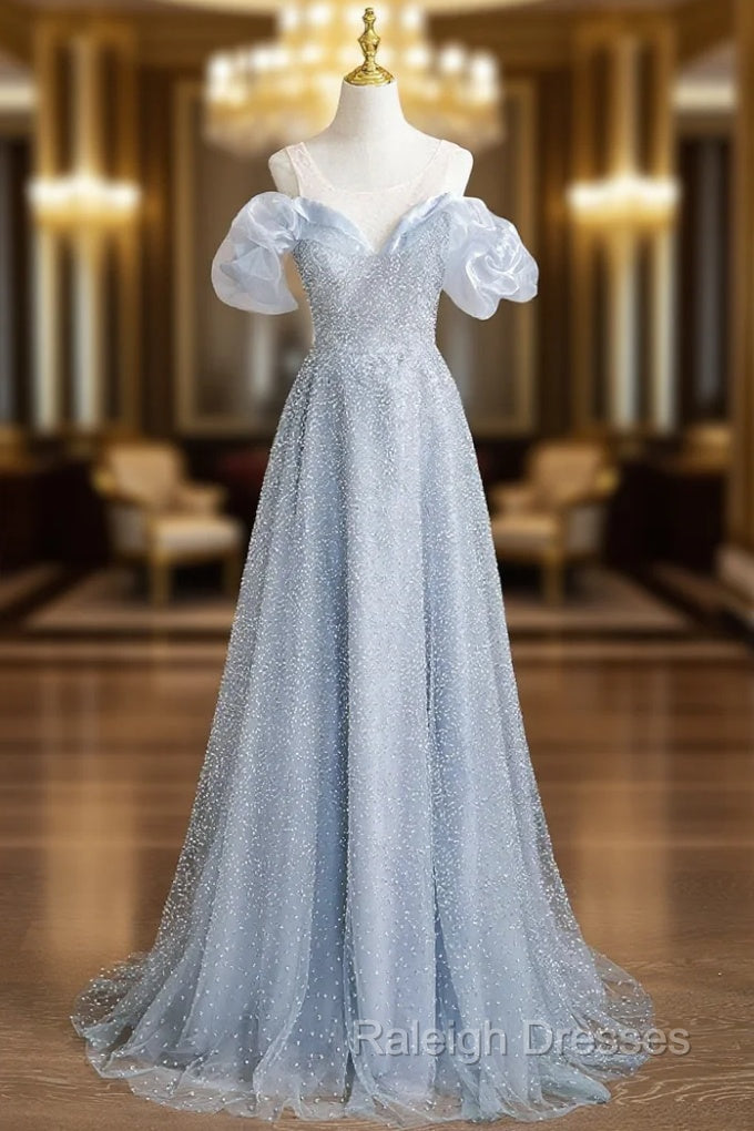 Blue Sequins Scoop Neck Backless Prom Dress Main image