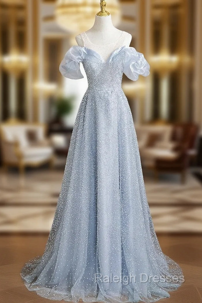 Blue Sequins Scoop Neck Prom Dress Main image