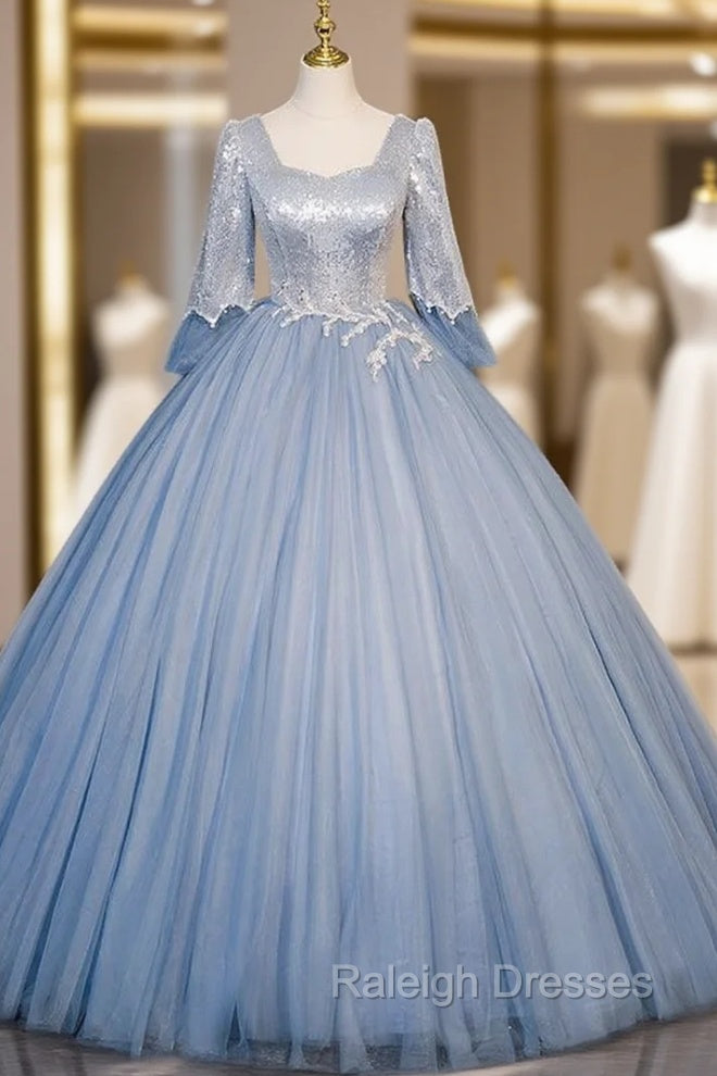 Blue Sequins Tulle Long Sleeve Quinceanera Dress Main image