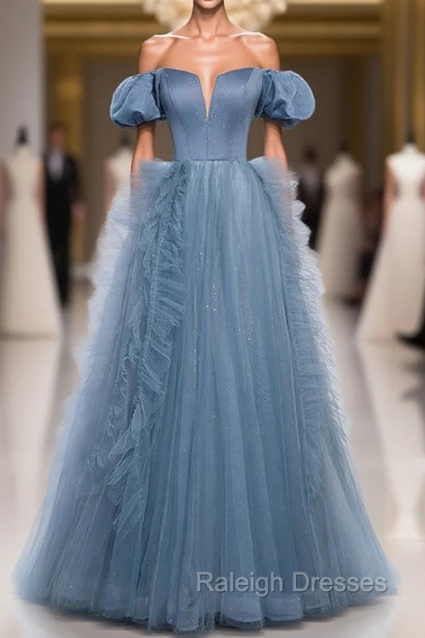 Blue Sequins Tulle Off the Shoulder Prom Dress Main image