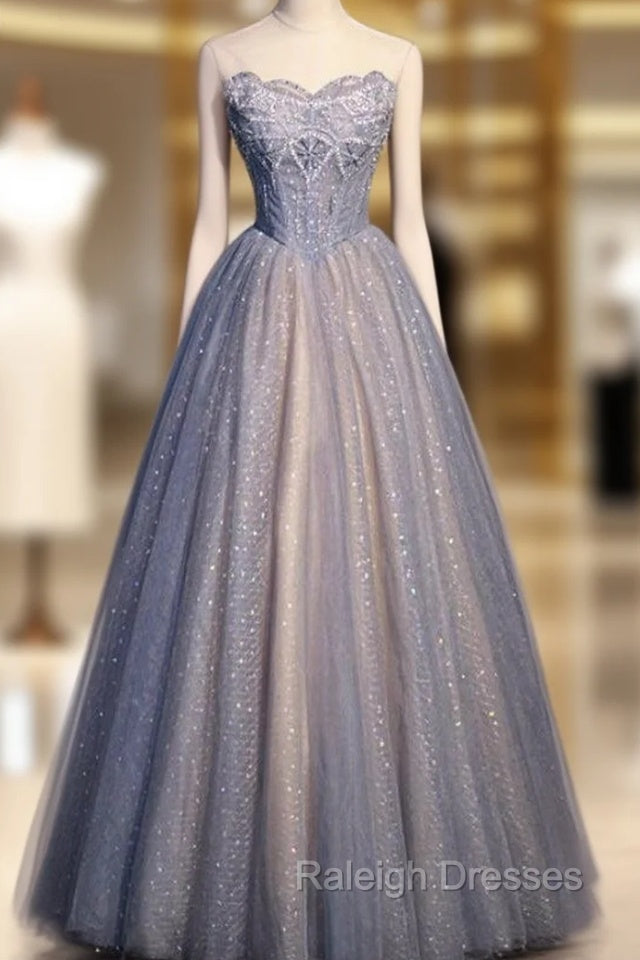 Blue Sequins Tulle Strapless Beading Prom Dress Main image