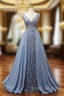 Blue Sequins V-neck Beading Prom Dress
