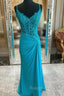 Blue Sheath Straps Appliques Beading Prom Dress